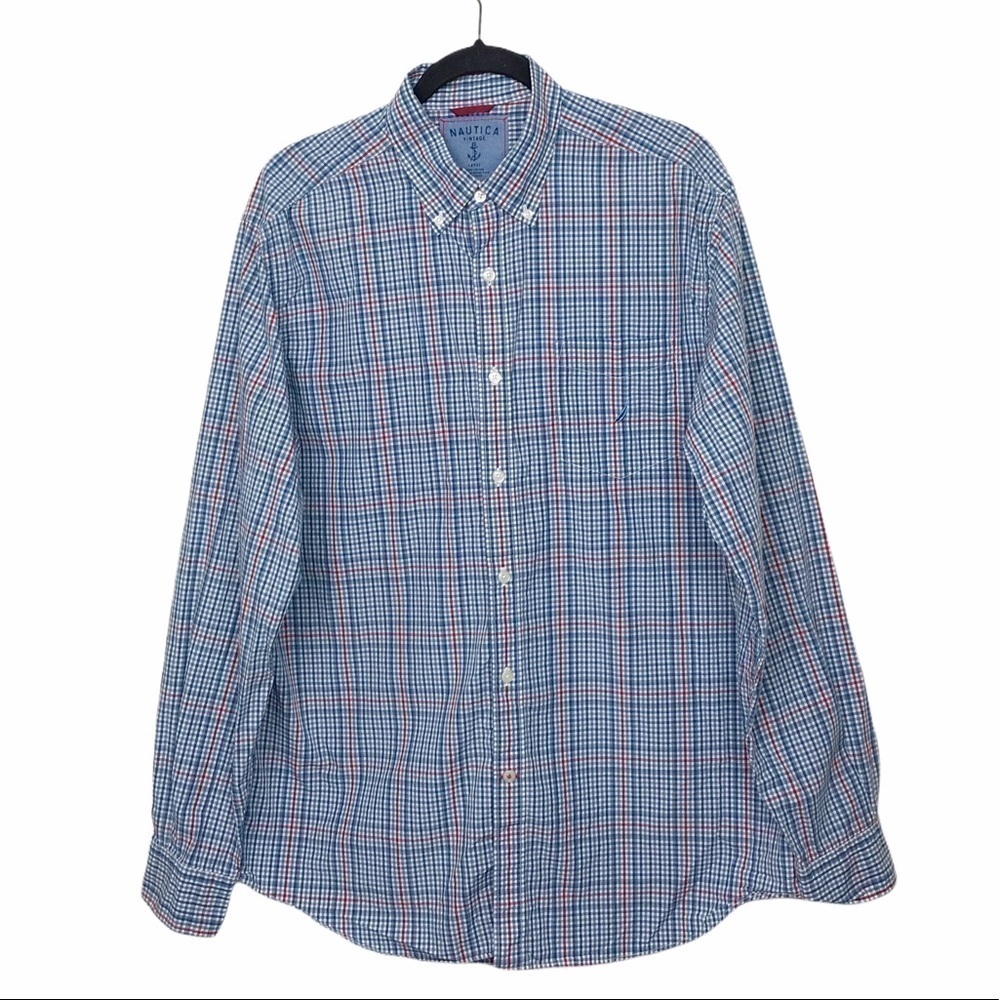 Nautica Vintage Blue Plaid Long Sleeve Button Down Shirt